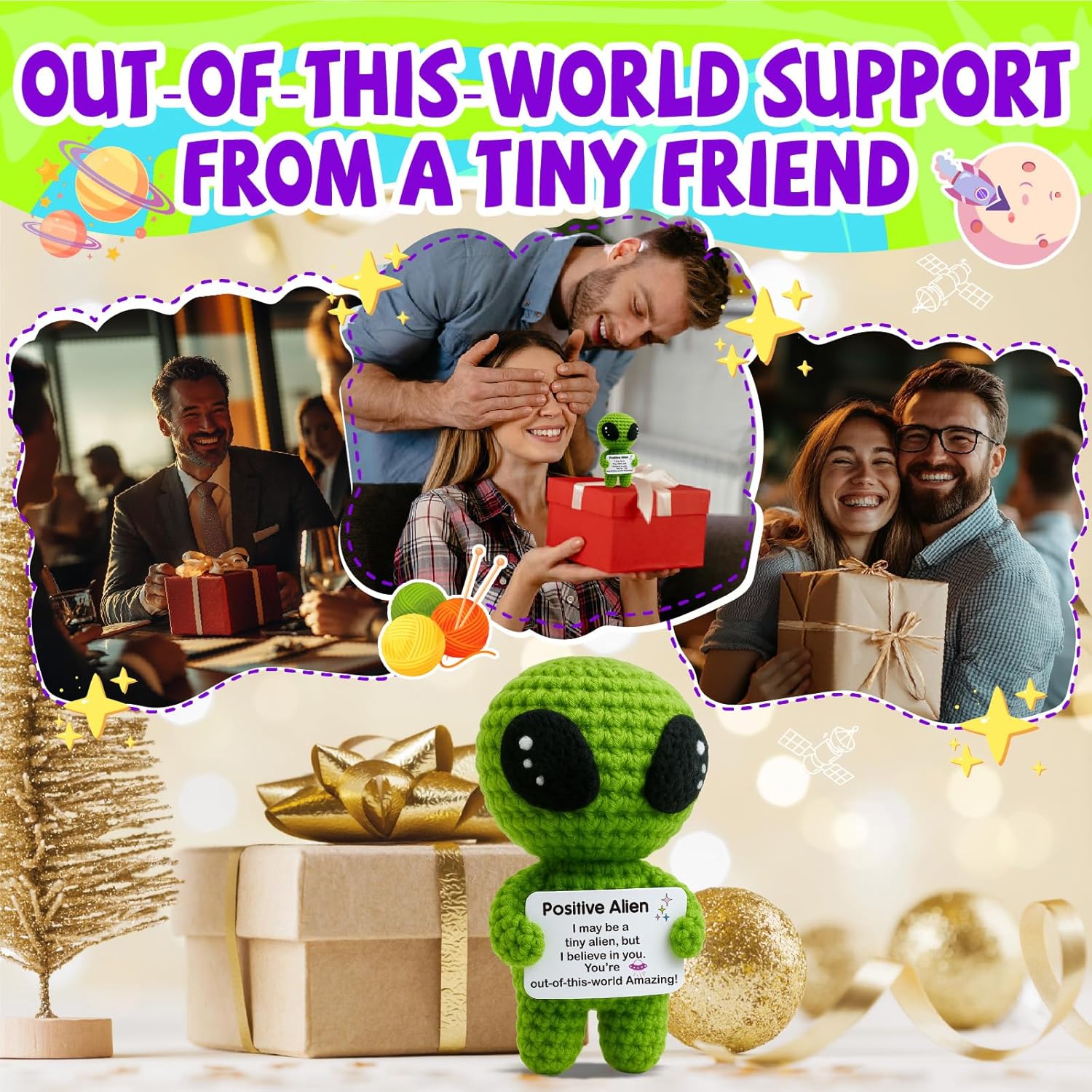 Positive Alien Crochet Plush with Inspirational "You're Out-of-This-World Amazing" Message Card, Handmade Emotional Support Desk Decor, Funny Motivational Gift for Teens Friends Coworkers, Ideal for Valentines, Easter Basket Stuffers, Birthday & Graduatio