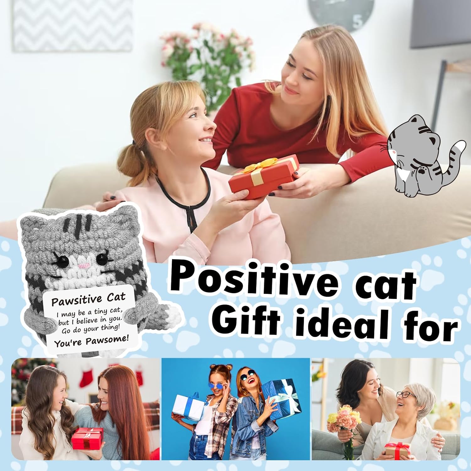 Positive Crochet Cat Mini Animal Emotional Cheer Up Support Gifts, Funny Crochet Mini Handmade Cat for Women Men Friends Mom Daughter Son Teen Birthday Mothers Day Decor Graduation Gifts