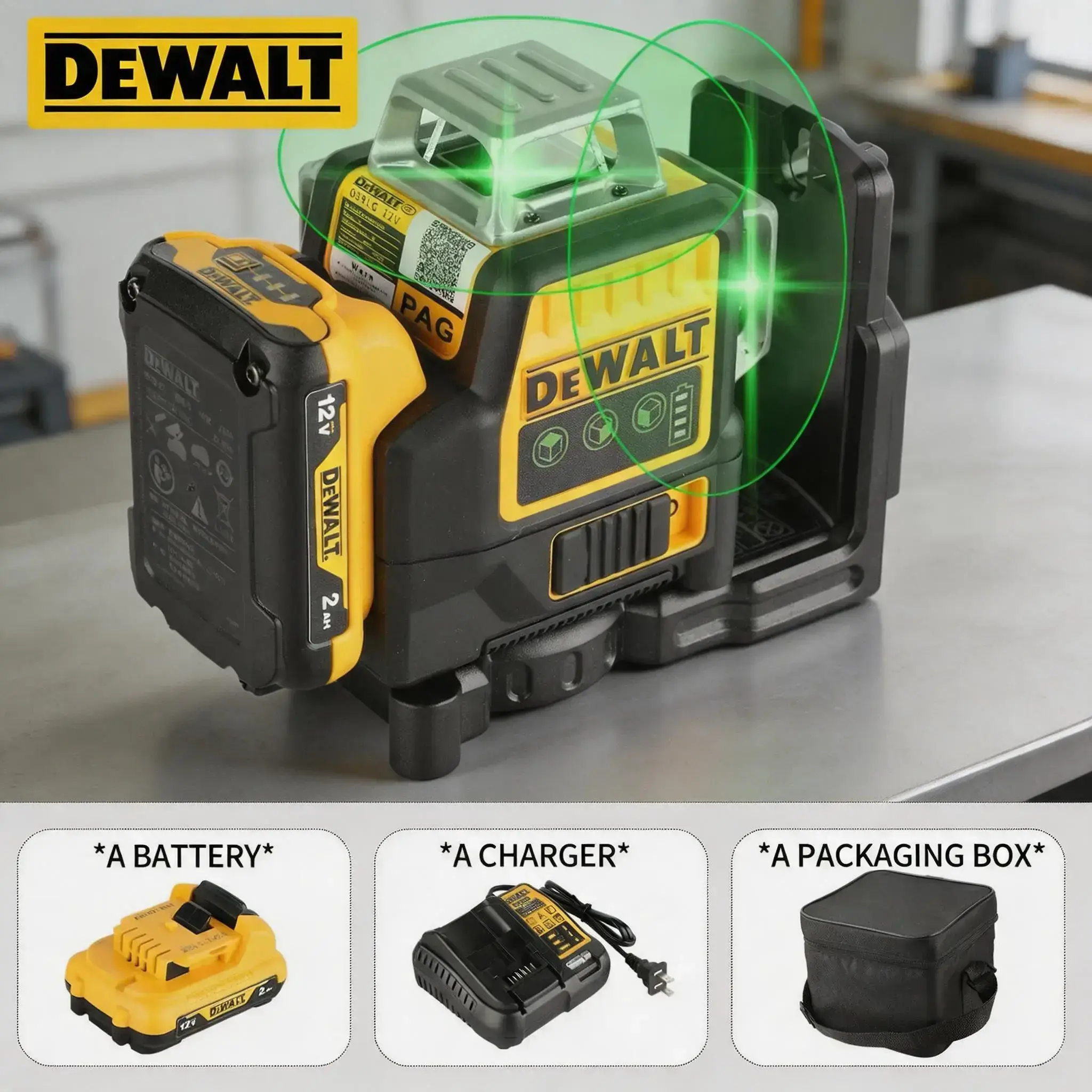 DEWALT 089LG 12V Lithium Battery High-Precision Laser Leveler Tool - 3-Sided, 360-Degree, 12-Line for Home Improvement & Woodworking Construction Projects, 089Lg Model