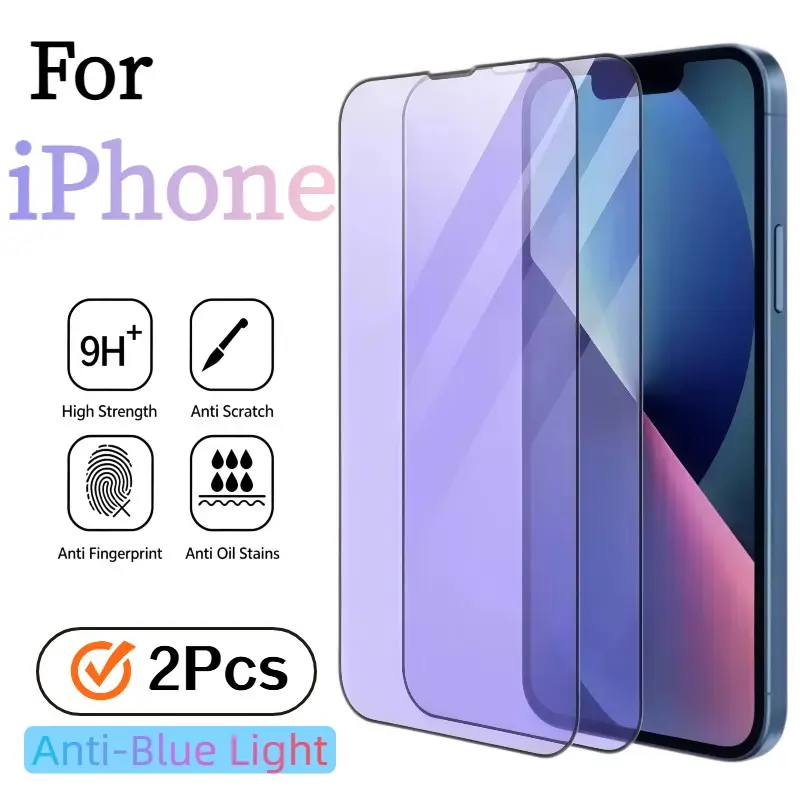 2-Pack Anti-Blue Light Tempered Glass Protective Screen Protector for iPhone 17 16 15 14 13 12 11 Pro Max, Full Coverage, 9h Hardness, Bubble-Free
