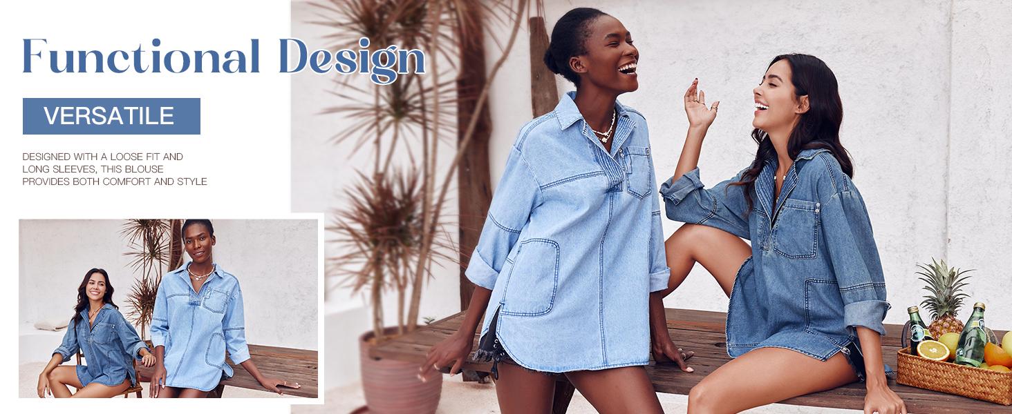 FMEYOA Women's Denim Pullover Casual Button V Neck Blouse Loose Fit Long Sleeve Jean Jacket with Pocket