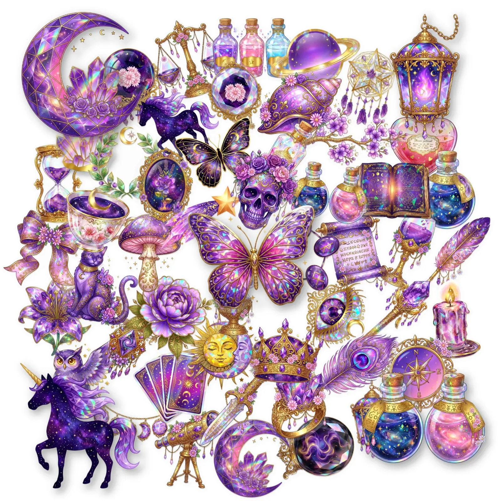 50pcs Amethyst Magic Realm PET Transparent Office Stickers/Notebook Stickers, Sticker Decals, Decorative Decal, High-Value, Positive Energy Gifts for Decorating Journals, Stickers for Scrapbooking, Scrapbooks, Computers, Water Bottles, Cars, Etc.