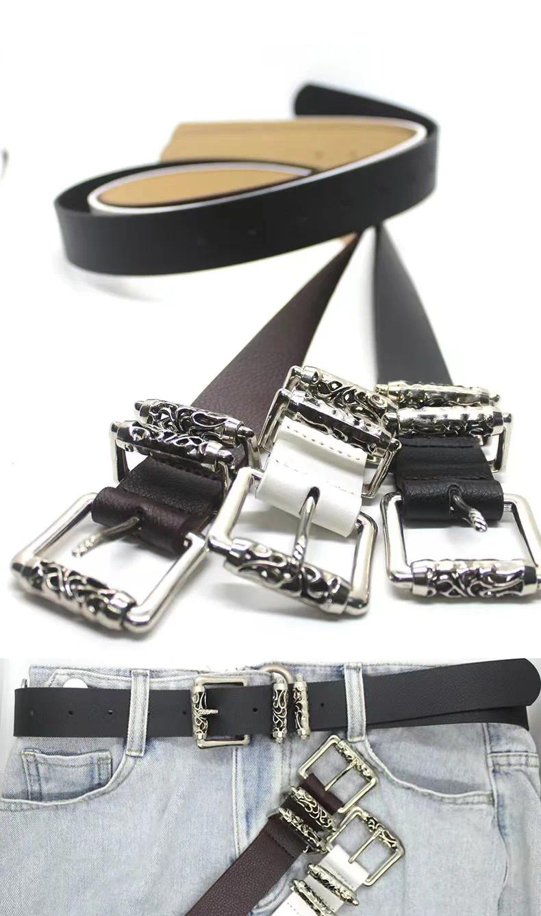 New Silver Alloy Engraved Roller Buckle Hollow Punk High Street Fashion Belt for Men And Women