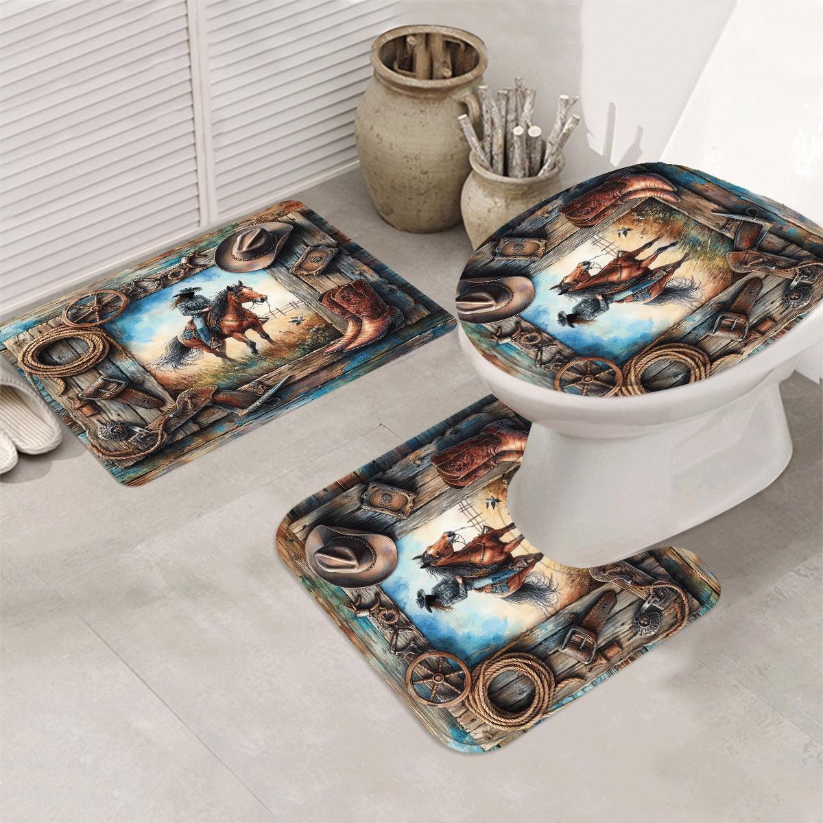 Cowboy & Horse Pattern Bathroom Decorations, 4 Counts/set Including Shower Curtain & Toilet Lid Cover & Mat & U-shaped Mat, Bathroom Accessories, Shower Curtain Sets