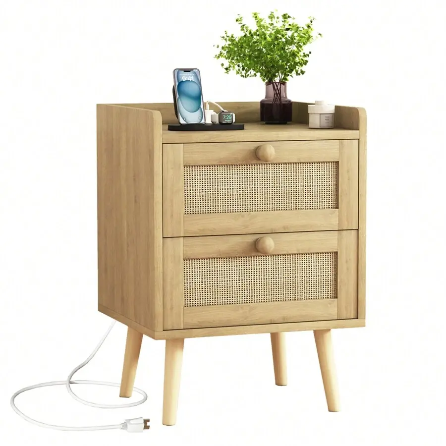 WUDVANI Handmade Rattan Nightstand with Charging Station - 2-Drawer Wooden End Table with Solid Wood Legs, Easy Setup 2-in-1 Bedroom Furniture with Pastoral Look for Bedroom, Living Room