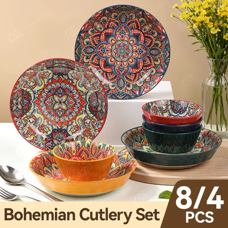 8/4-Piece Bohemian Ceramic Dishes Set, Colored Mandala Plates and Bowls Set, Microwave and Dishwasher Safe, Pasta Salad Soup Dessert Dishes, Suitable for Kitchen and Festival Tables, Bohemian Ceramic Pasta Bowls and Plates Set