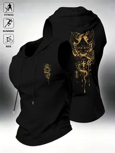 Japanese Oni Dragon Print Men's Sleeveless Hooded Fitness Tank Top, Fitted Breathable Workout Shirt, Street Style Sportswear, Fitness Activewear
