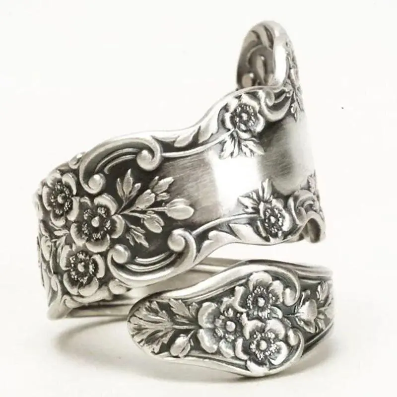 Women's Vintage Style Alloy Metal Lotus Carving Spoon Rings - Party Wear Jewelry Gift with Adjustable Size for Wedding Engagement, Vintage Style Rings, Lotus Carvings