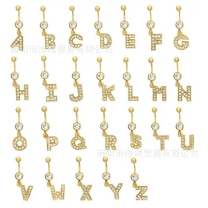 Navel piercing pendant with 26 English letters, gold-plated with diamonds, navel ring piercing jewelry