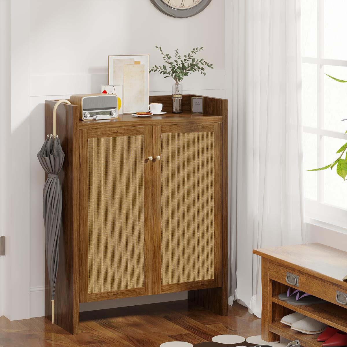 42.5" Tall Rattan Shoe Cabinet with Doors, 6-Tier Shoe Storage Cabinet with Adjustable Shelves, Wooden Freestanding Shoe Organizer Shoe Cabinet for Entryway,Hallway,Living Room (Walnut) 42.5" Tall Rattan Shoe Cabinet with Doors, 6-Tier Shoe Storage Cabinet with Adjustable Shelves, Wooden Freestanding Shoe Organizer Shoe Cabinet for Entryway,Hallway,Living Room (Walnut)