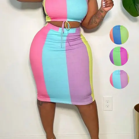 Plus Size Women's Two-Piece Colorblock Tie Front Crop Tank Top and High Waist Bodycon Skirt Set Fashion Casual Sleeveless Outfits Skirts Set
