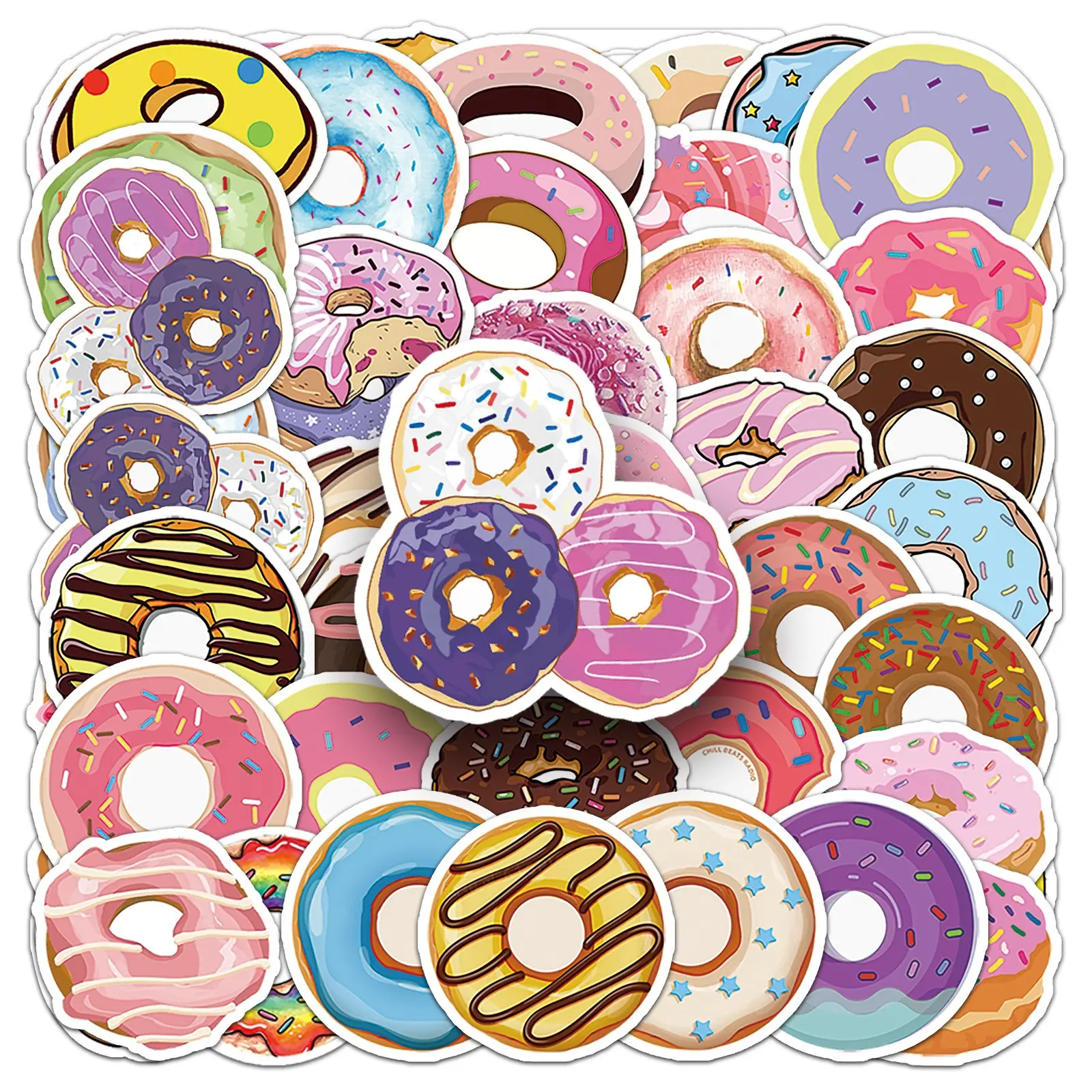 50 Donut Stickers, Waterproof Vinyl Food Decorative Stickers, for Laptops, Phones, Water Bottles, Notebooks, Personalized Stickers for Adults and Dessert Lovers