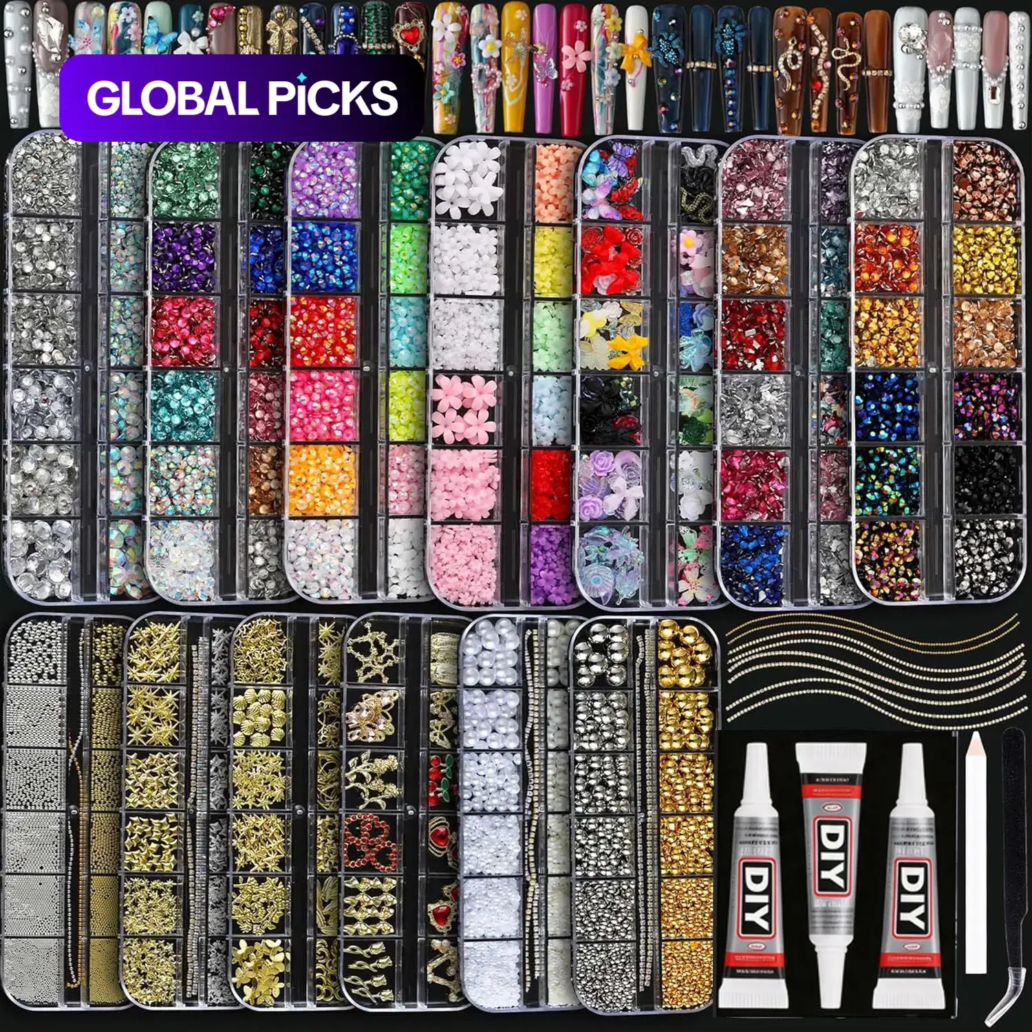3D Colorful Rhinestone Pearl Set, DIY Craft Accessories, Alloy Cross Heart Resin Flowers, Glue Tweezers, Nail Art Rhinestones / Flatback Crystals / Multi-Color / Pickup Tool，Christmas Birthday Gift for Women。 Jelly Rhinestones /Bedazzling Kit/Diamong Art
