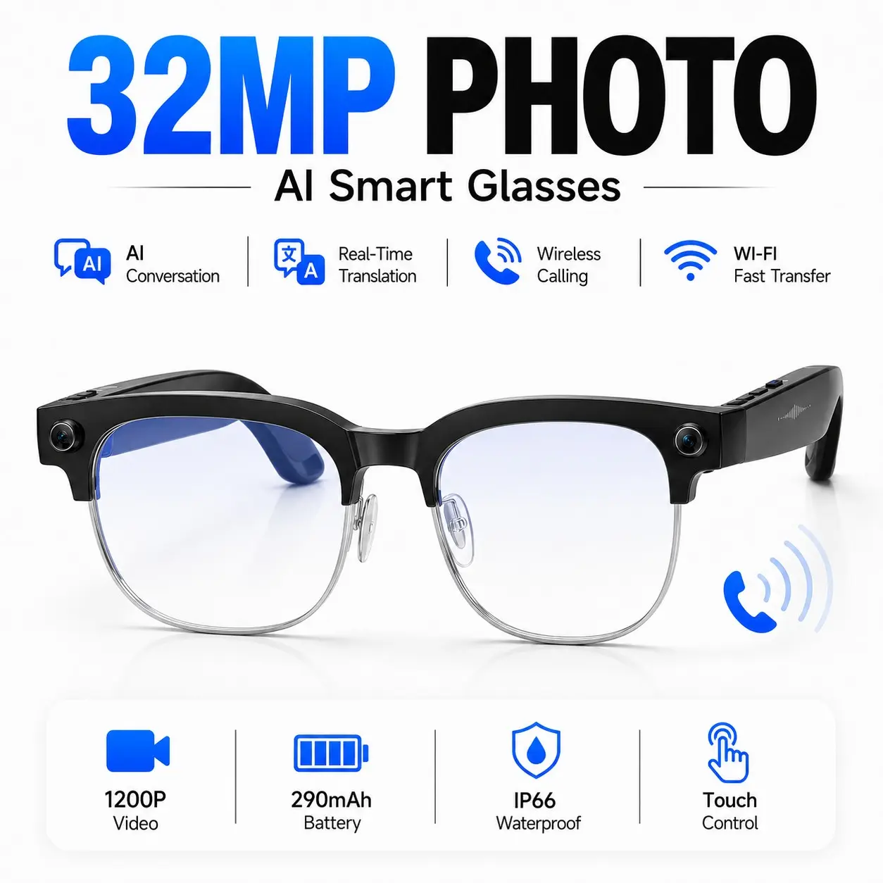 AI Translation Eyewear Multi-scene smart wearable glasses with steady smooth video capture, dual intelligent AI for real-time cross-language communication, open ear hi-fi stereo sound for music & hands-free calls, full IP66 dust sweat waterproof shield, l