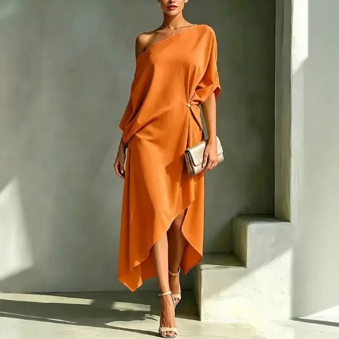 Women's 1-Shoulder Oversized Midi Dress - Lightweight Hoop Fabric, Soft Comfortable Twist Knot Design, Elegant Asymmetrical Hem, Loose Flowy Batwing Minimalist Dress for Wedding Guest, Formal Occasions