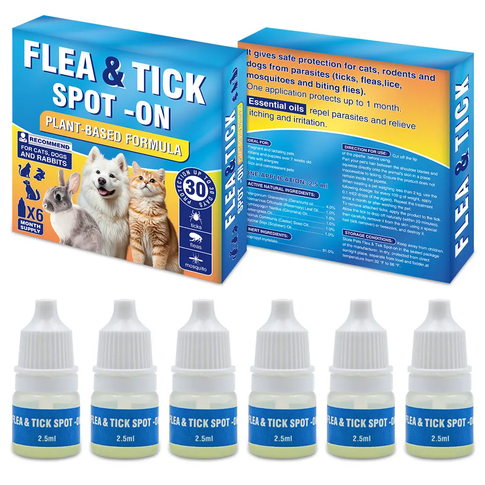 6-pack plant-based formula external tick and flea repellent drops for cats, dogs, and rabbits, as well as external insect repellent drops for lice and mosquitoes