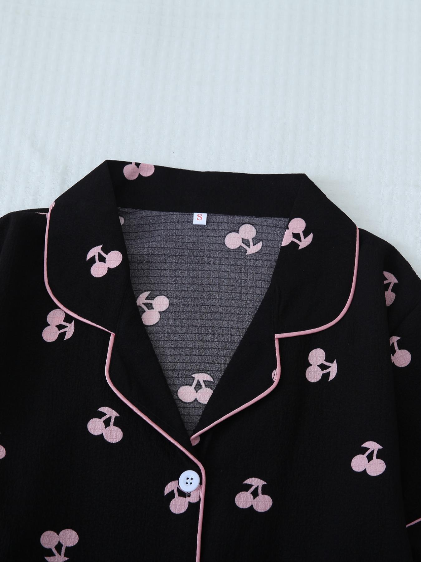 Two-Piece Set Women's Cherry Print Contrast Binding Lapel Shirt & Bow Decor Shorts Pyjama Set, Button Front Short Sleeve Sleep Top & Elastic Waist Shorts PJ Set, Summer Sleepwear Set for Ladies, Pajamas, Loungewear