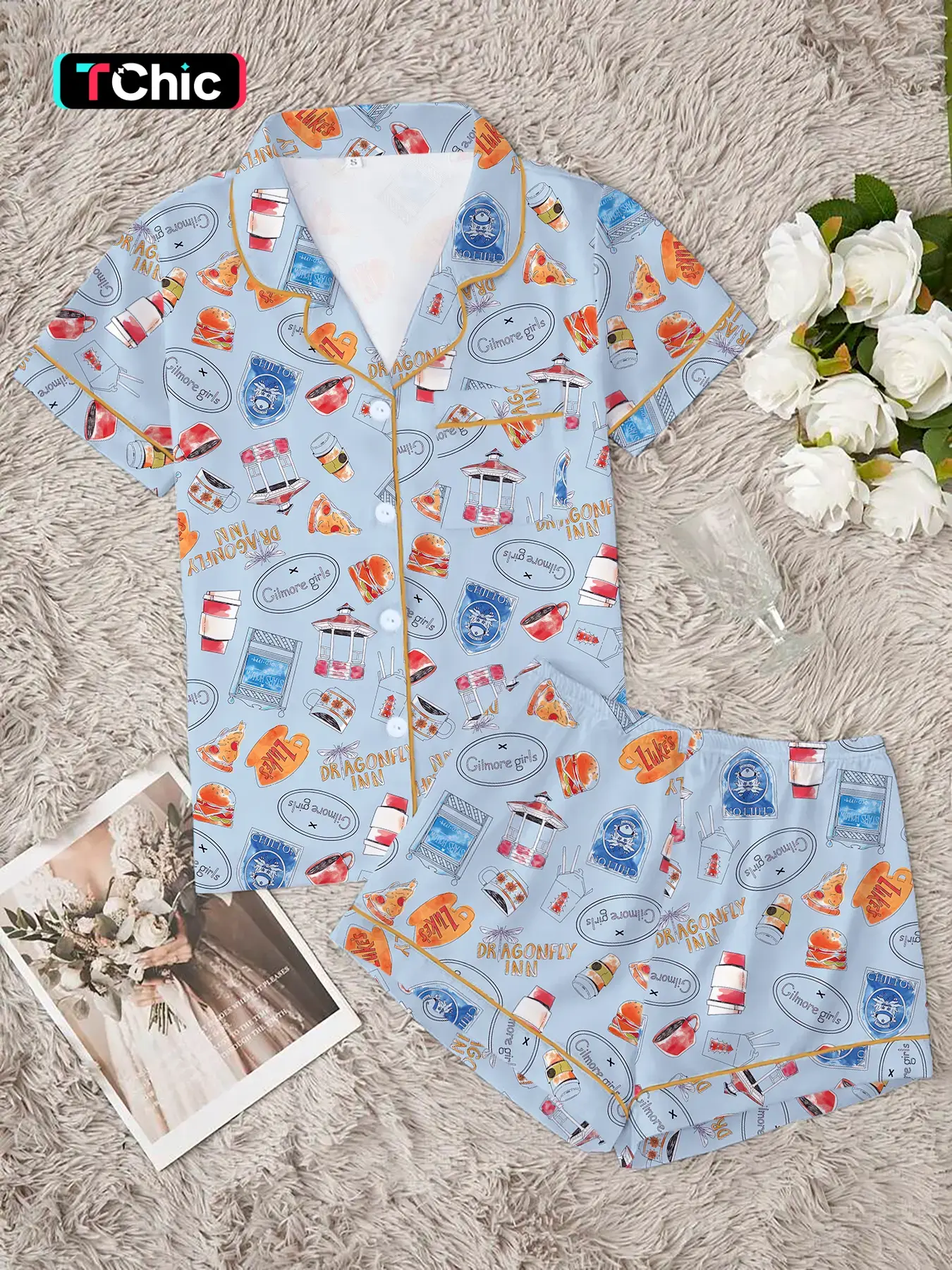 Women's Stars Hollow Gilmore Girls Comfortable Sleepwear Set, Two-Piece Short Sleeve Top & Elastic Pants, All Seasons Fitted Nightgown Gift