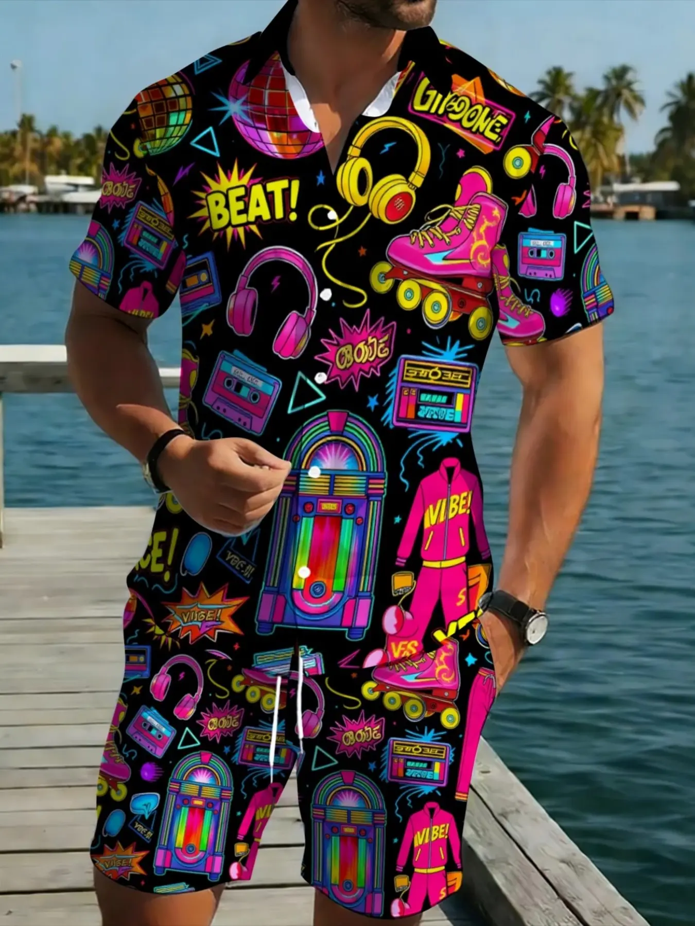 Men's Short Sleeve Shirt and Pants Set, casual clothing set, Matching Sets, Neon 80s Music Theme, Lightweight Polyester, Vibrant Print, Casual Wear, Summer Outdoor Activities, Menswear