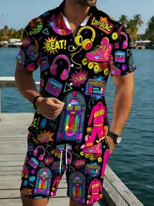 Men's Short Sleeve Shirt and Pants Set, Matching Sets, Neon 80s Music Theme, Lightweight Polyester, Vibrant Print, Casual Wear, Summer Outdoor Activities, Menswear