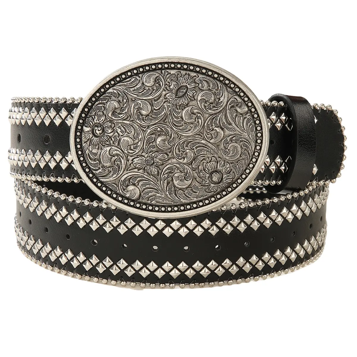 Western Rhinestone Studded Belt with Vintage Engraved Flowers Buckle - A Statement Piece for Western Decor, Rhinestones, Heavy Duty, Floral Motif, Boho Style Outfit, Western Wear, Flower Motif