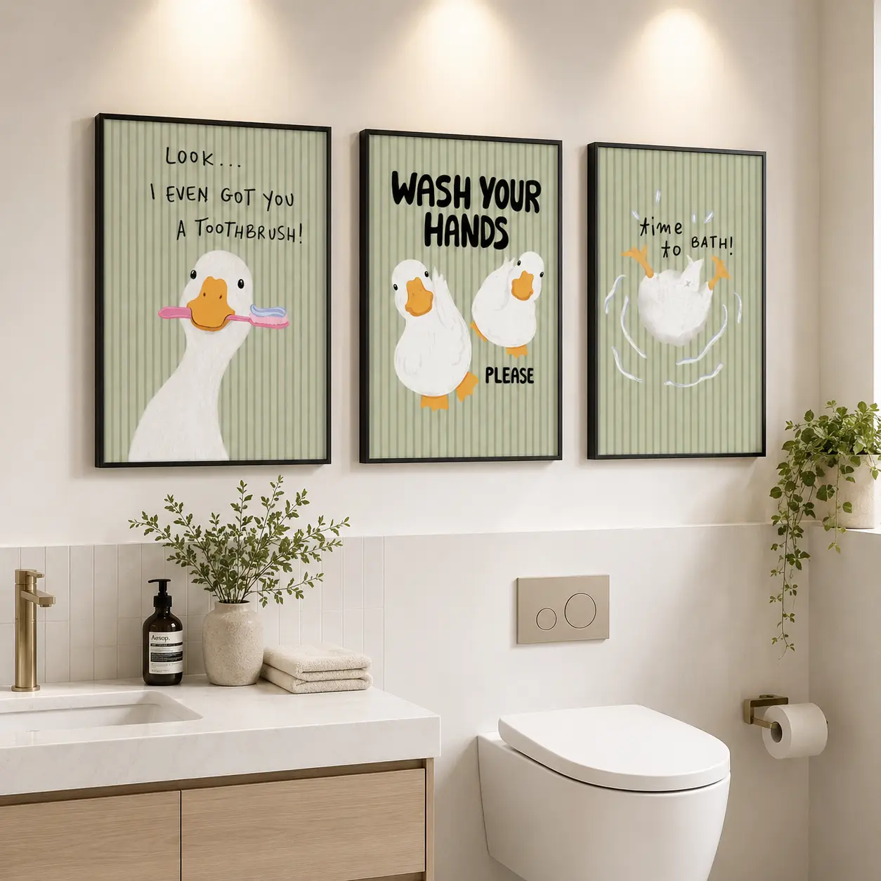 Funny Duck Bathroom Canvas Wall Art Poster- Cute Sage Green Striped Duck Quote Print for Bathroom, Nursery, Kids Room, Restroom, or Apartment Decor, Whimsical Toilet Hygiene Wall Decoration, Gift for Parents and Duck Lovers