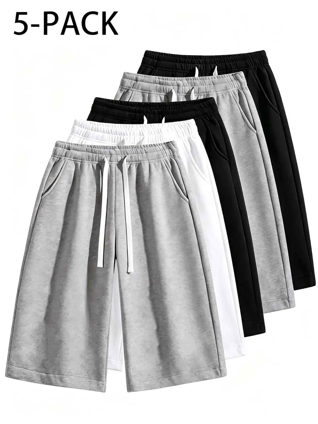5 Pack Solid Color Capri Sweatpants Elastic Drawstring High Waist Cropped Wide Leg Joggers With Side Pockets Soft Knit Neutral Black White Grey Multi Color Casual Lounge Daily Workout Trousers