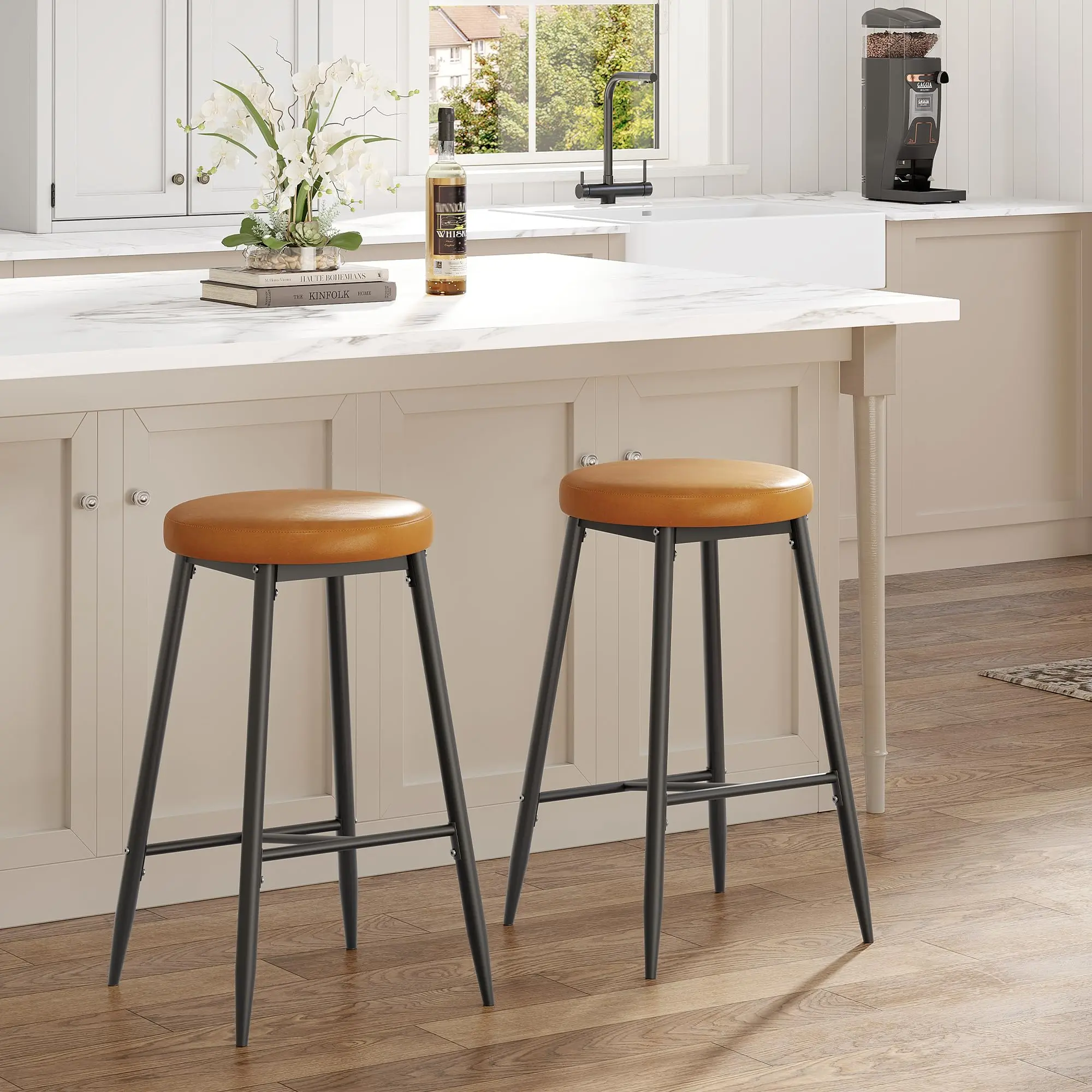 Garvee Bar Stools Set of 2, 26 Inch Counter Height Modern Barstools with Thick Seat, Metal Frame & Footrest, Faux Leather Saddle Stools for Kitchen Island, Dining Room