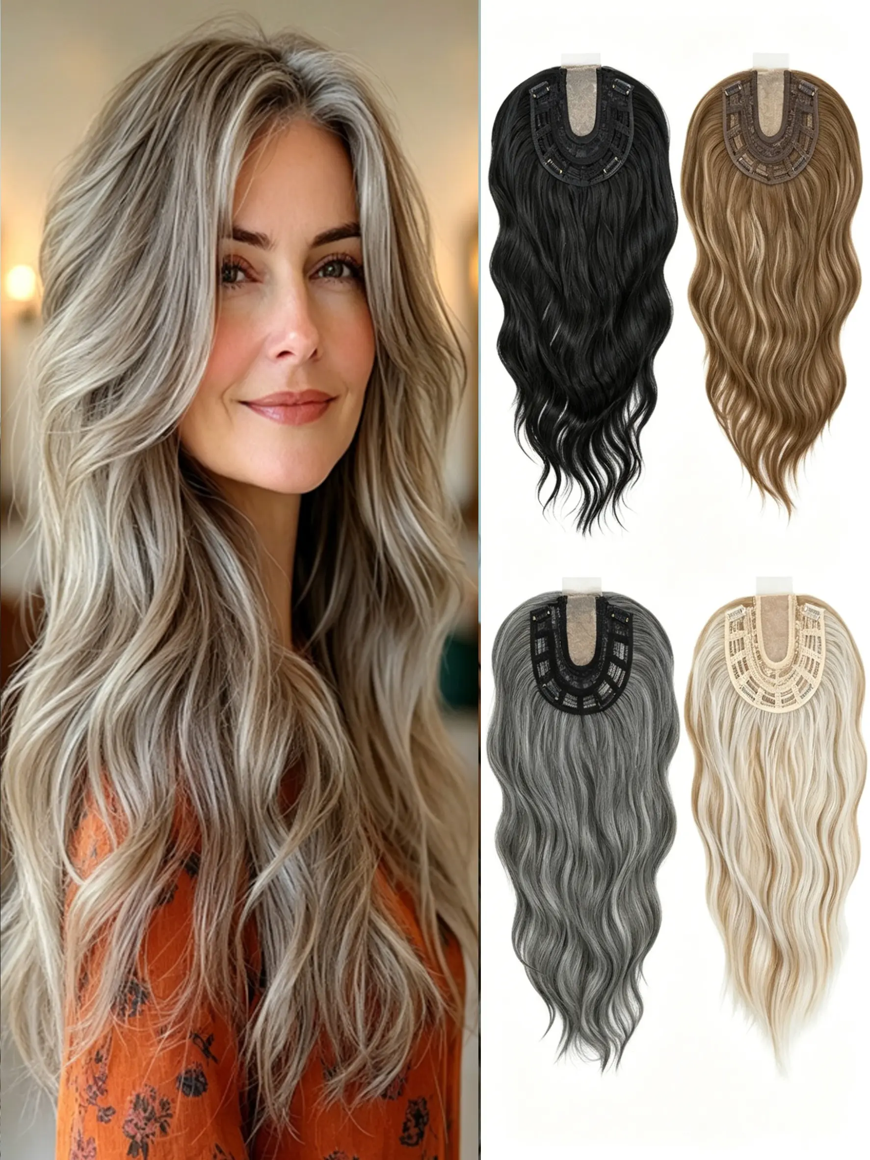 No salon needed for voluminous long hair! Premium 22 Inch Lace Crown Topper lifelike loose waves, fine invisible lace builds natural real root illusion, 4 classic hues match daily dating dinner and formal party outfits, Synthetic Fiber Wigs, Lace Wear Wig