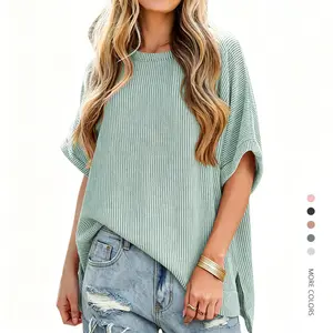 Women's Plus Size (S-3XL) Oversized Soft Knit Blouse - Short Batwing Sleeves Striped Tunic Shirts, Basic Round Neck, Summer Casual Fashion Style Loose Top