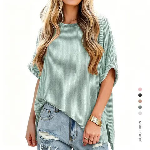 Women's Plus Size (S-3XL) Oversized Soft Knit Blouse - Short Dolman Sleeves, Striped Tunic, Basic Round Neck, Summer Casual Loose Fit Top, Curvy Women Everyday Fashion, Back to School Style, Short Sleeve