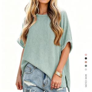 Women's Plus Size (S-3XL) Oversized Soft Knit Blouse - Short Batwing Sleeves Striped Tunic Shirts, Basic Round Neck, Summer Casual Fashion Style Loose Top, Short Sleeve