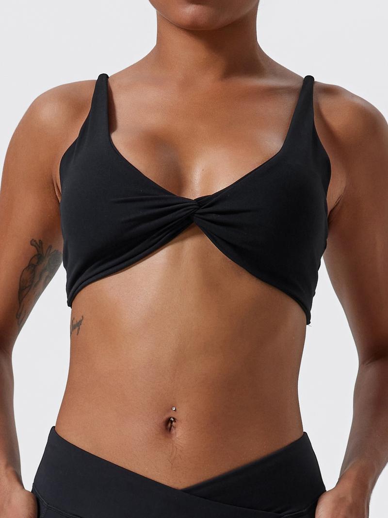 Women's Solid Twist Front Wireless Sports Bra, Casual Comfy Breathable High Stretch Yoga Bra, Ladies Sportswear for Indoor Outdoor Wear
