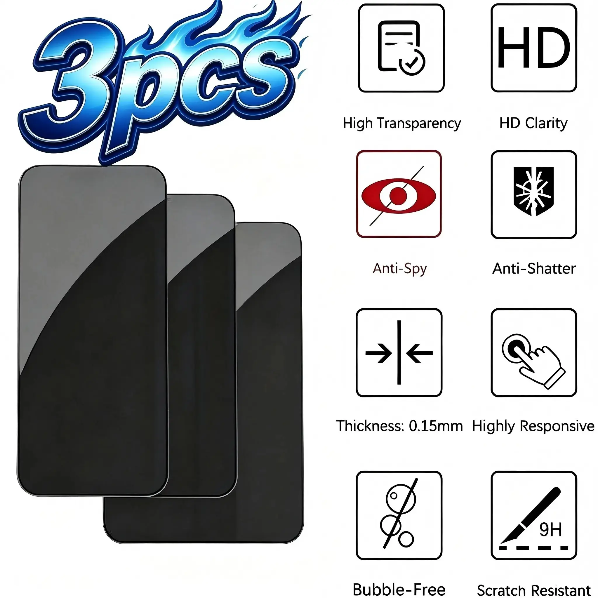 3-Pack Anti-Spy Tempered Glass Screen Protector, HD Screen Guard for Apple iPhone 12-17 Pro Max, Privacy Protection, Bubble-Free, Durable Material