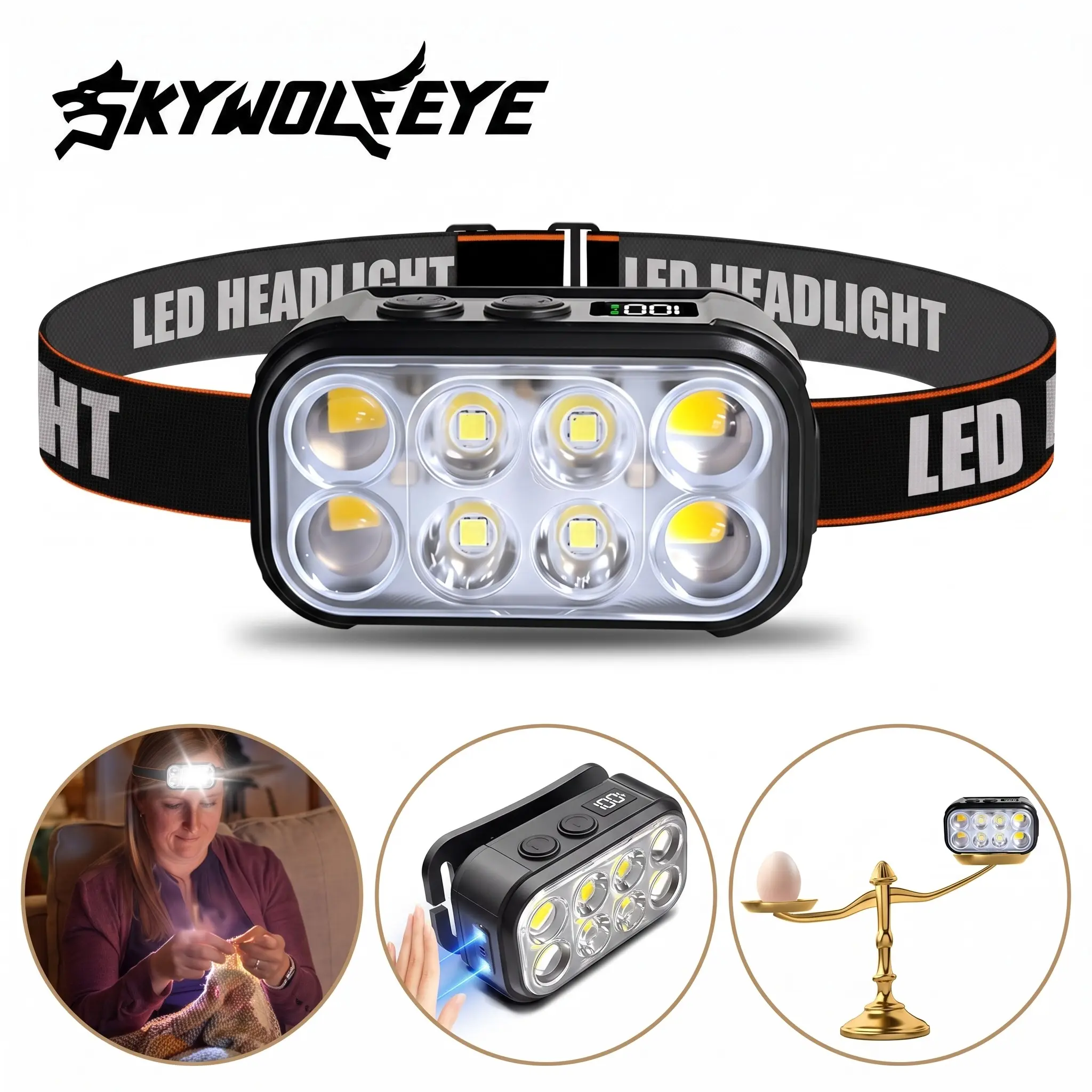 SKYWOLFEYE GY53 USB Rechargeable LED Headlamp Flashlight with Headband, Motion Sensor, LCD Power Display, Charging Cable - Outdoor Camping Essential LED Lights, Outdoor Gadgets for DIY Projects, Sensor Lights, Usb Cable, Hands-Free Control, Abs Plastic, R