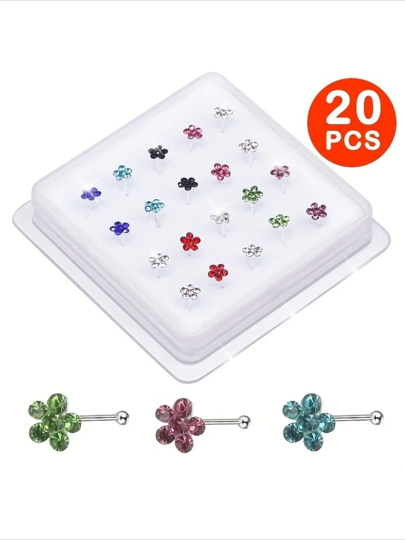 20pcs Boxed Unisex Plum Flower Rhinestone Nose Stud Hoop Sparkly Nose Ring Body Piercing Best Gift for Her Sparkly Jewelry