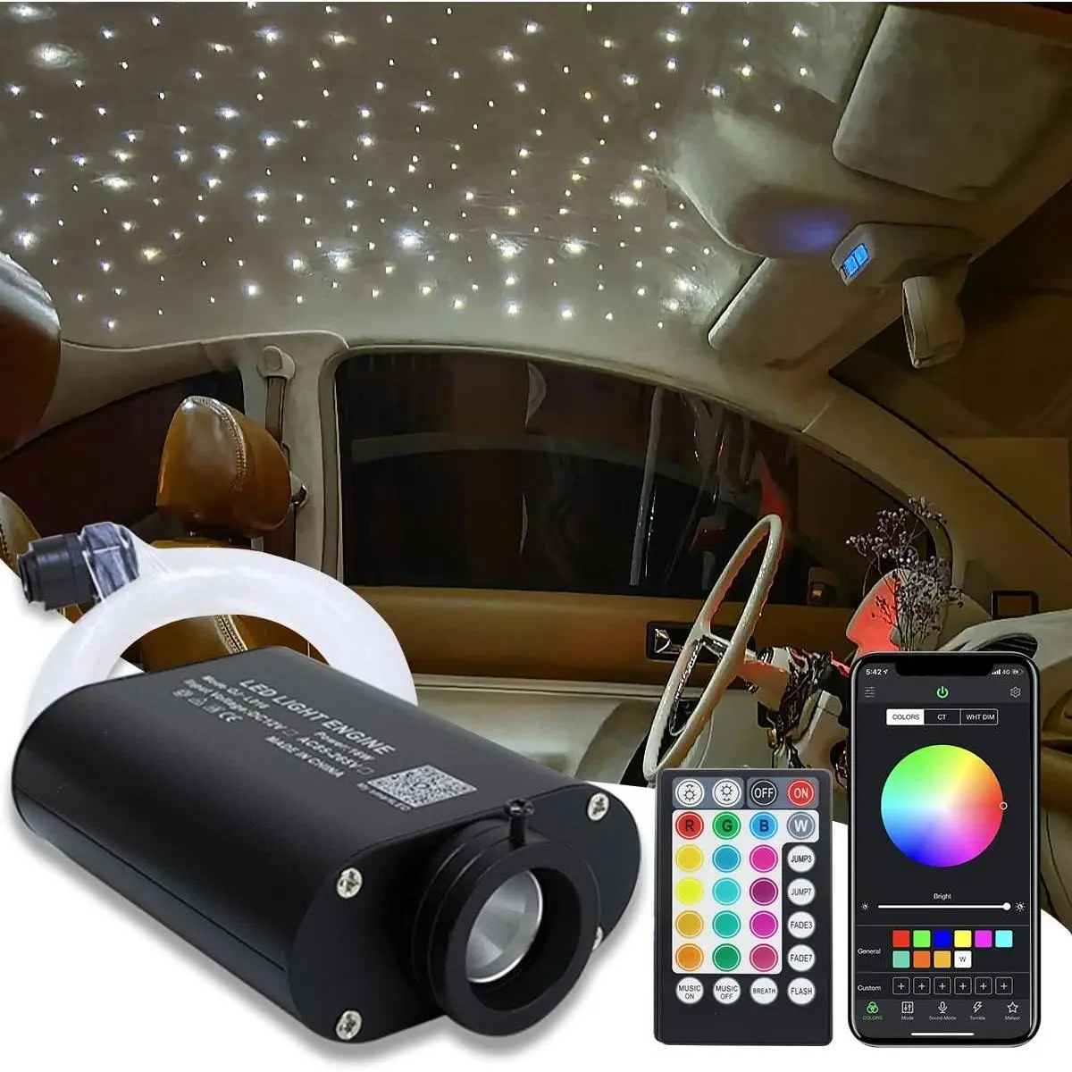 16W Fiber Optic Lights,Starlight Headliner Light Kit APP/Remote Control Sound Activated Mode for & Decoration,Optical Fiber  Strands 0.75mm/0.03in 6.5ft/2m 150 count