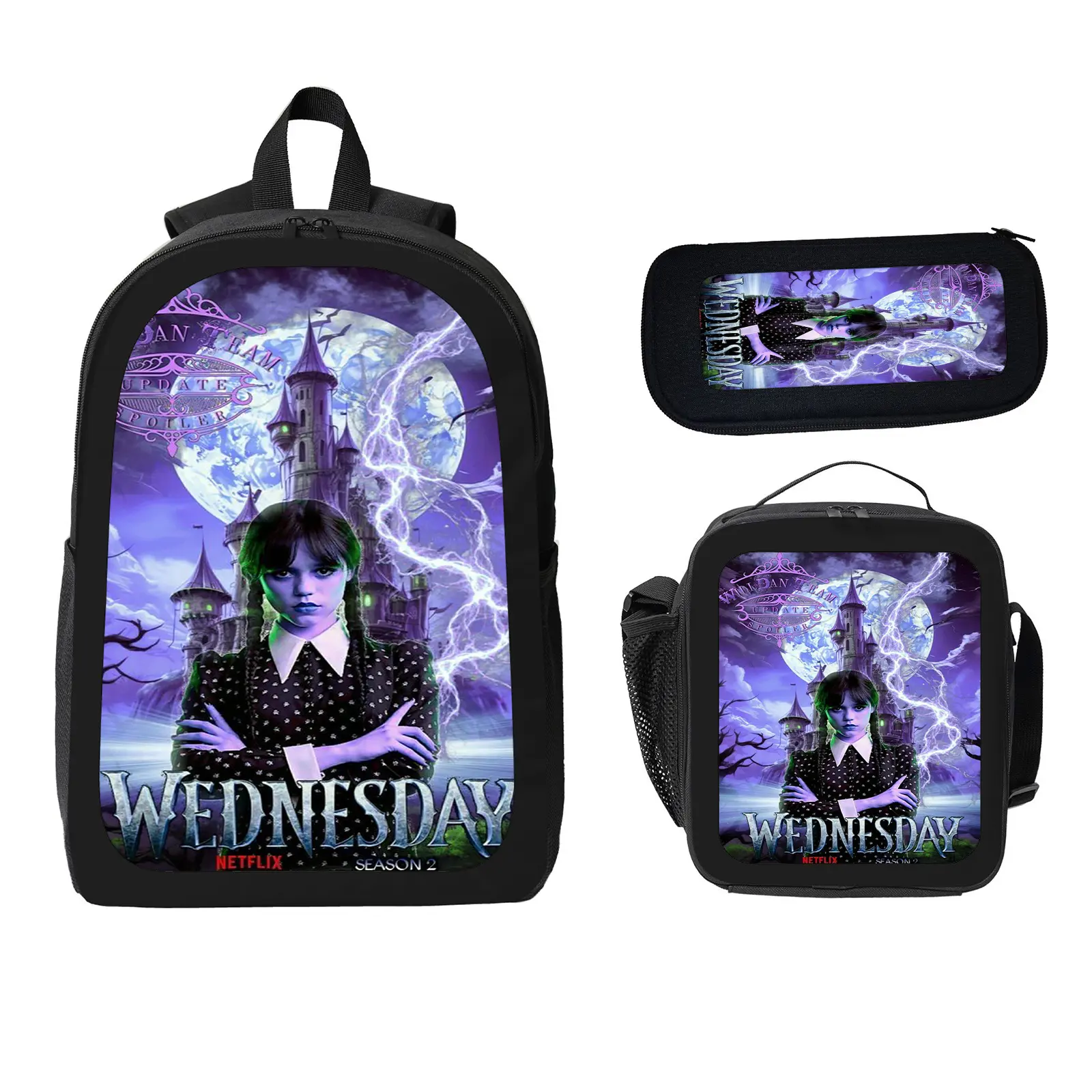 Wednesday Kids' 3-Piece School Backpack Set - Large Capacity Water Resistant Bookbag with Insulated Lunch Bag & Pencil Case for Elementary-Middle School Students b-85, Set Pack