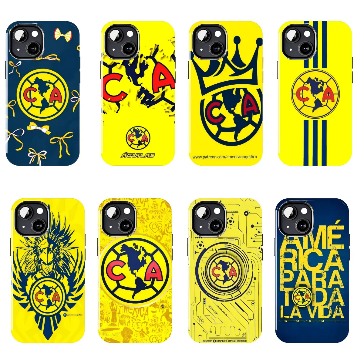 Club América Phone Case Soccer Football Team Design, América FC Yellow Blue Graphic Print, Águilas Fan Style Jersey Artwork Protective Cover for iPhone 11–17 Pro Max/Plus Series and Samsung Galaxy S23–S25 Series