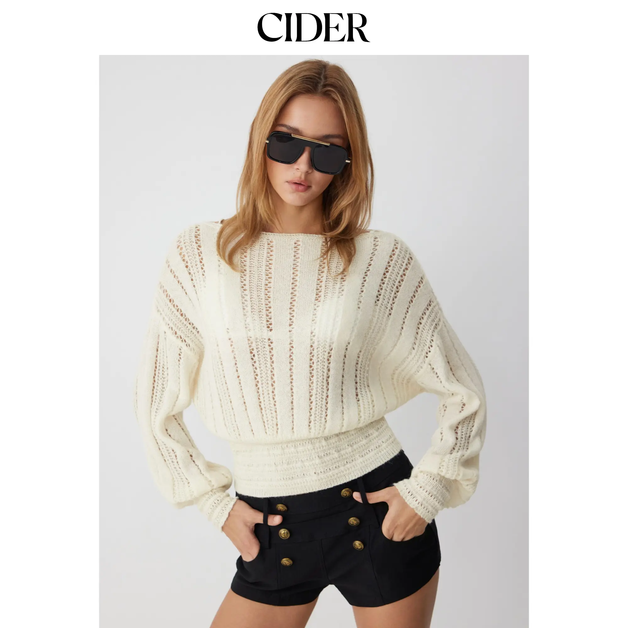 Cider Knit Fabric Boat Neck Crochet Shirred Long Sleeve Top SohoChic