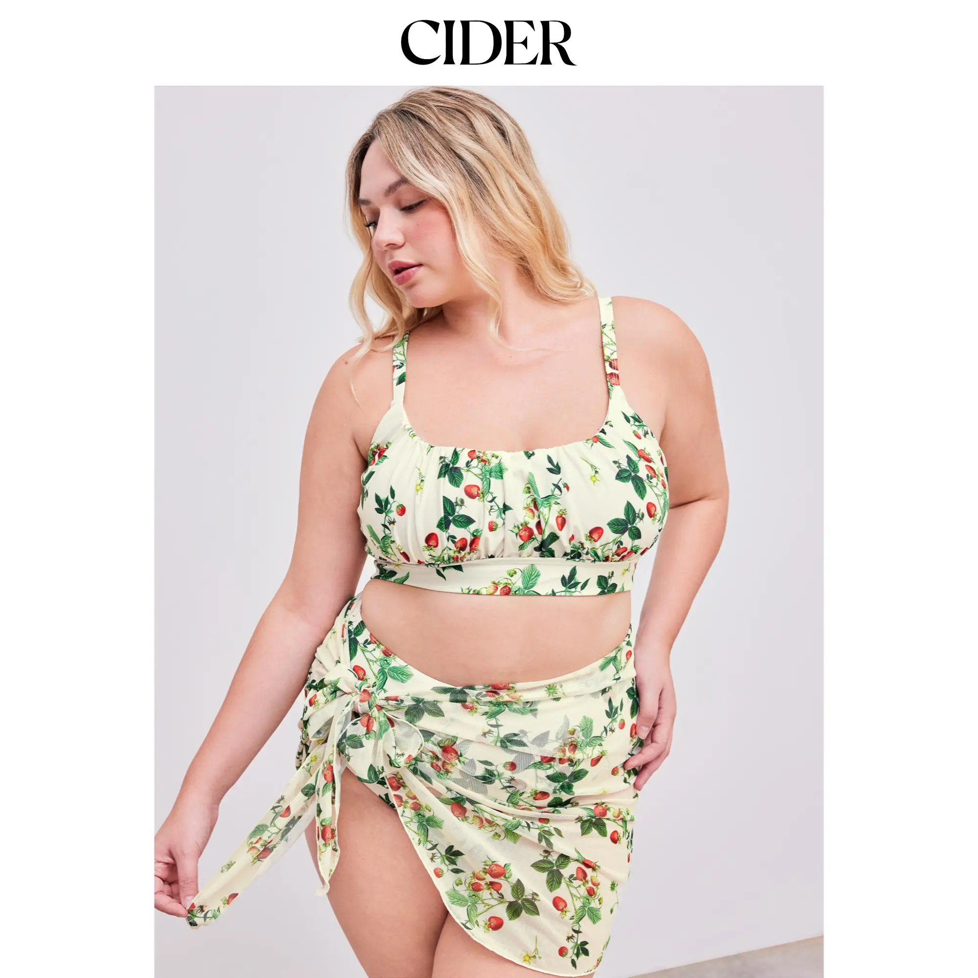 Cider Square Neck Strawberry Graphic Bracelet Bikini Swimsuit With Sarong