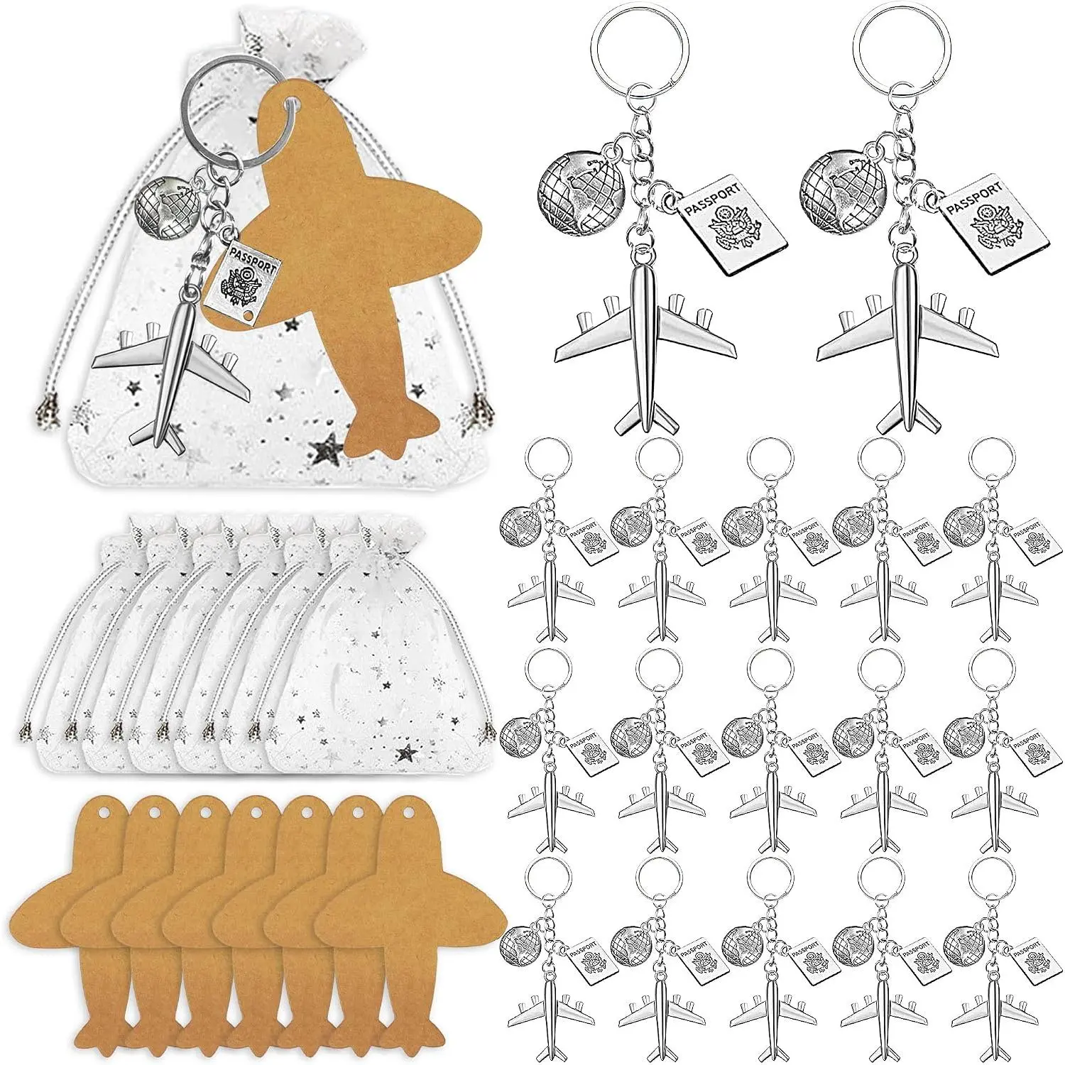 18 Sets Travel Adventure Party Favors - Airplane Compass Keychains, Tags, Organza Bags for Theme Party, Graduation,  Shower Supplies (Style 1)