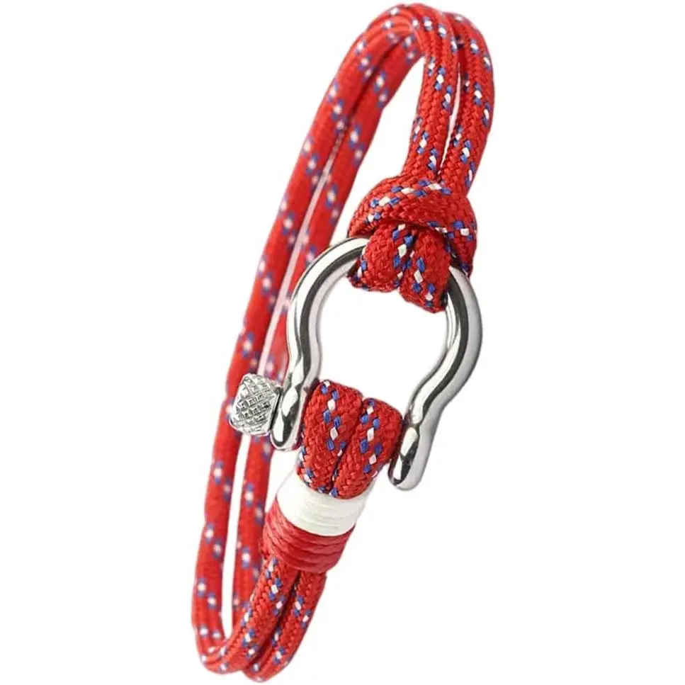 Mens Womens Nautical String Sailor Rope Wrap Bracelet Wristband Bangle Steel Screw Marine Anchor Shackles, Two-row