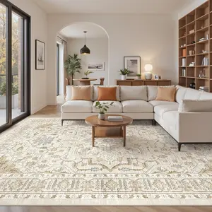 ComiComi Luxury Vintage Print Rugs Area Rug Decor for Living Rooms/ Bedroom , Various Sizes,Stain Resistant Neutral Washable Rugs for Dining Rooms, Floral Vintage Non-Slip    Soft Velvet  Thin Large Size Area Rugs(Beige)
