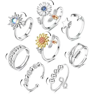 8 Pcs Fidget Anxiety Rings for Women Men, Spinner Ring for Anxiety Relieving Stress Adjustable Open CZ Flower Moon Star Anti Rotatable Rings Spinning Fidget Jewelry for Women Giftsfidget toys