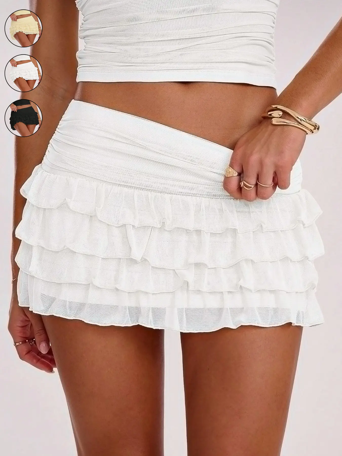 Women's Casual Solid Color Ruched Waist Layered Ruffle Hem Fashionable Mini Skirt Bottoms, Perfect for Daily Wear, Comfortable & Stylish Design