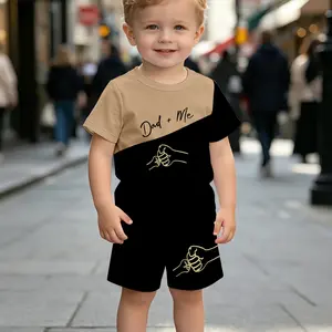 Boys' Dad+me Matching Set, Short Sleeve Asymmetrical Design, Block, Casual Father's Day, Two-Piece Suit, Summer Clothing Set, Outfit Sets