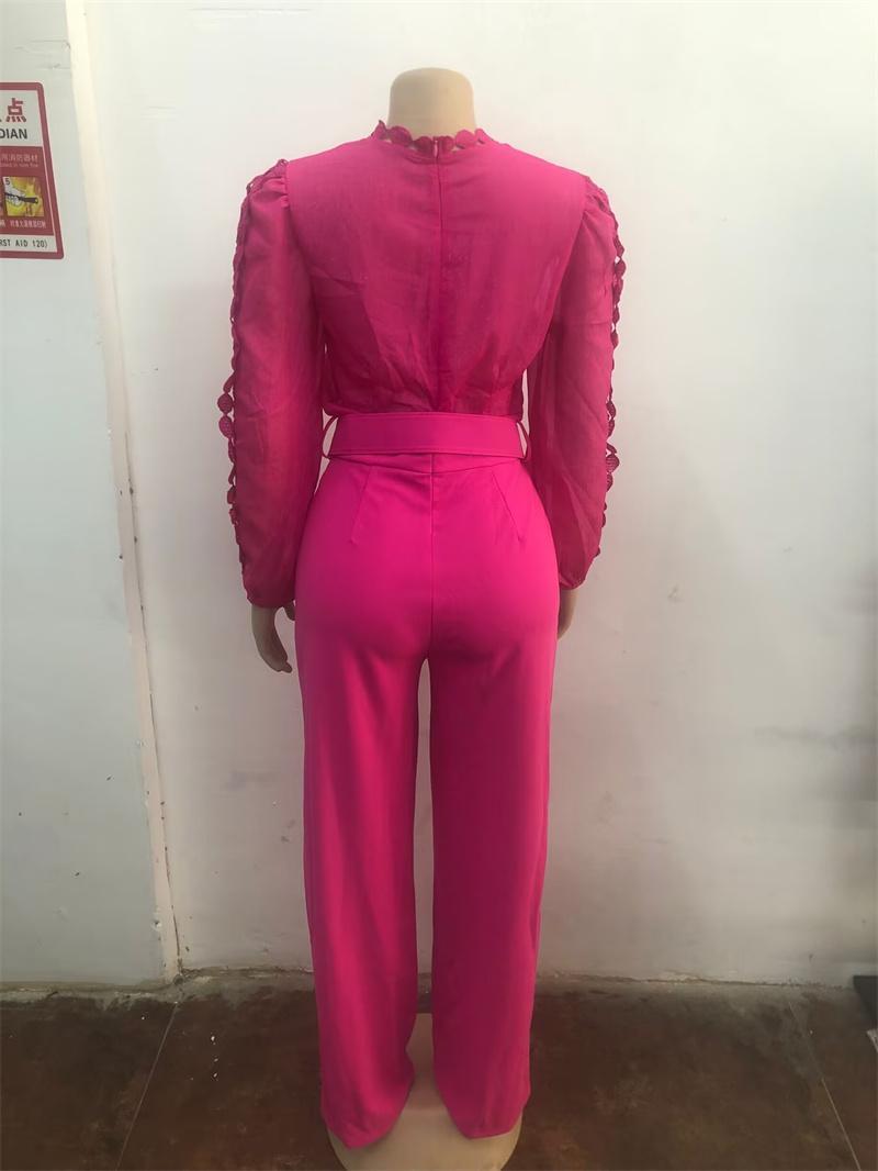 Woman Jumpsuit Birthday Long Sleeve Hollow Out High Waist One Pieces Overalls Club Party Outfits with Belt