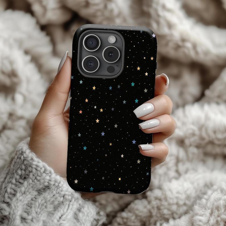 Celestial Space Phone Case with Holographic Stars for iPhone 17 16 15 14 13 12 11 Pro Plus Pro Shockproof Protector Durable Rubber Liner
