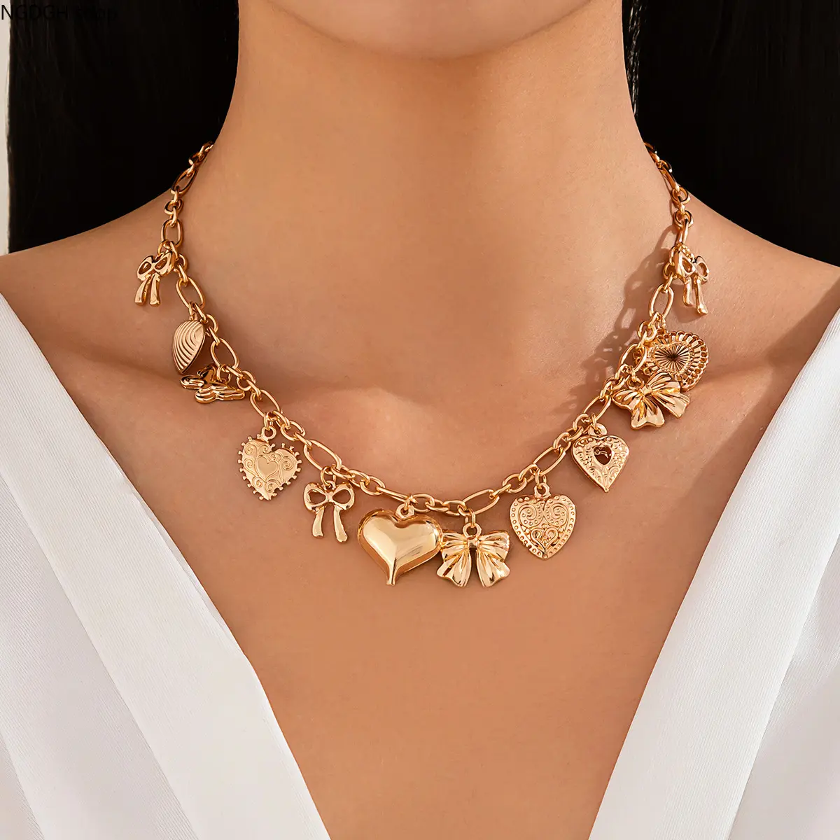 Women's Gold Layered Metal Chain Necklace - Adjustable Hypoallergenic Chunky Pendants (Heart, Bow, Butterfly, Shell) Female Statement Jewelry for Daily Wear, Date Night, Statement Pieces
